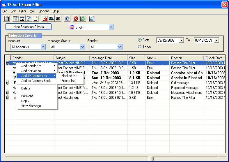 TZ Anti Spam Filter Screenshot